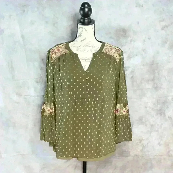 Chico's size 1 green w/gold thread dots;crushed velvet accents on shoulder lined - Picture 1 of 16